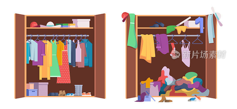 Messy clothes wardrobe. Modern interior storage with opening and closed organized wardrobe vector set
